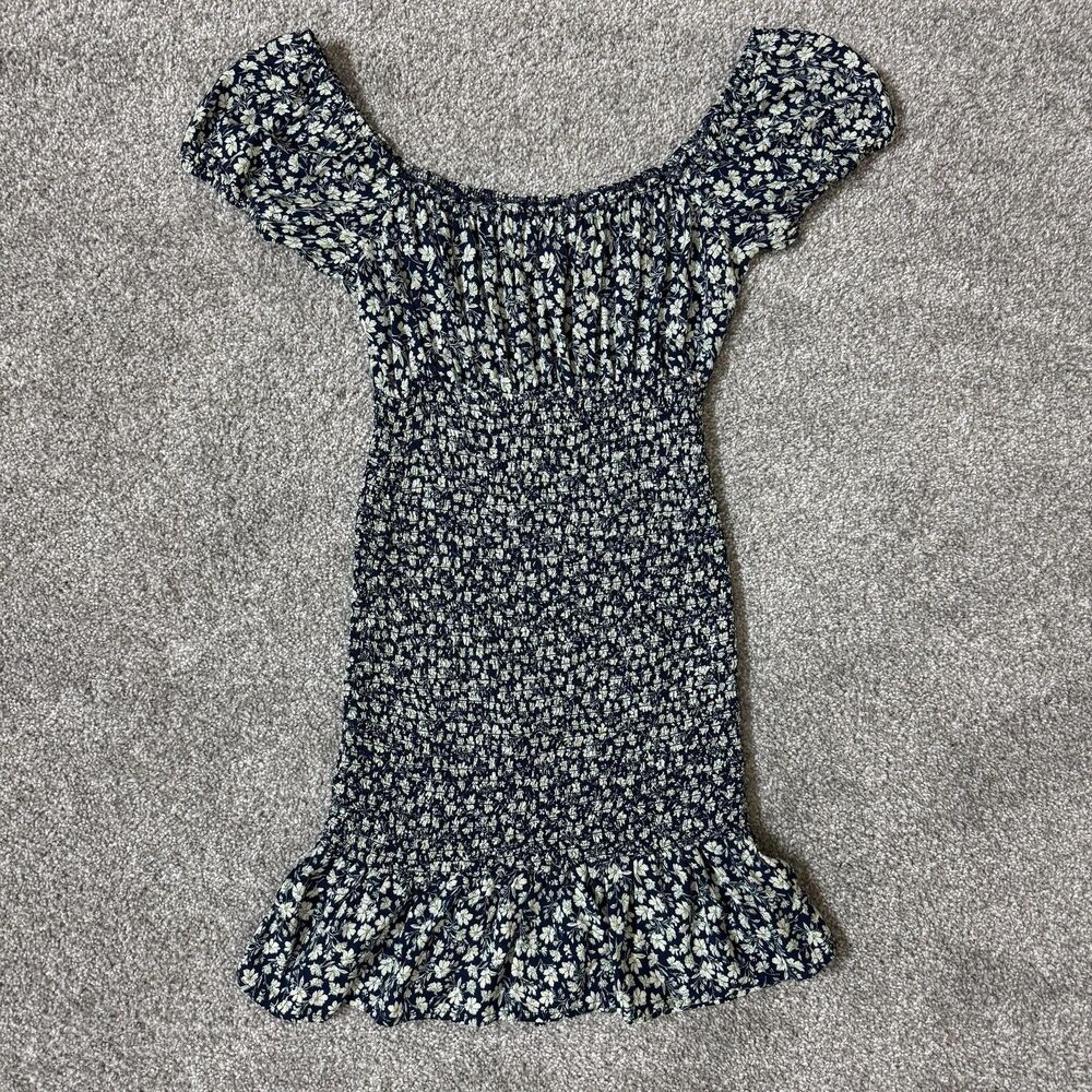 Wild Fable Dress Womens XS Blue White Floral Smocked Ruffle Off Shoulder Summer